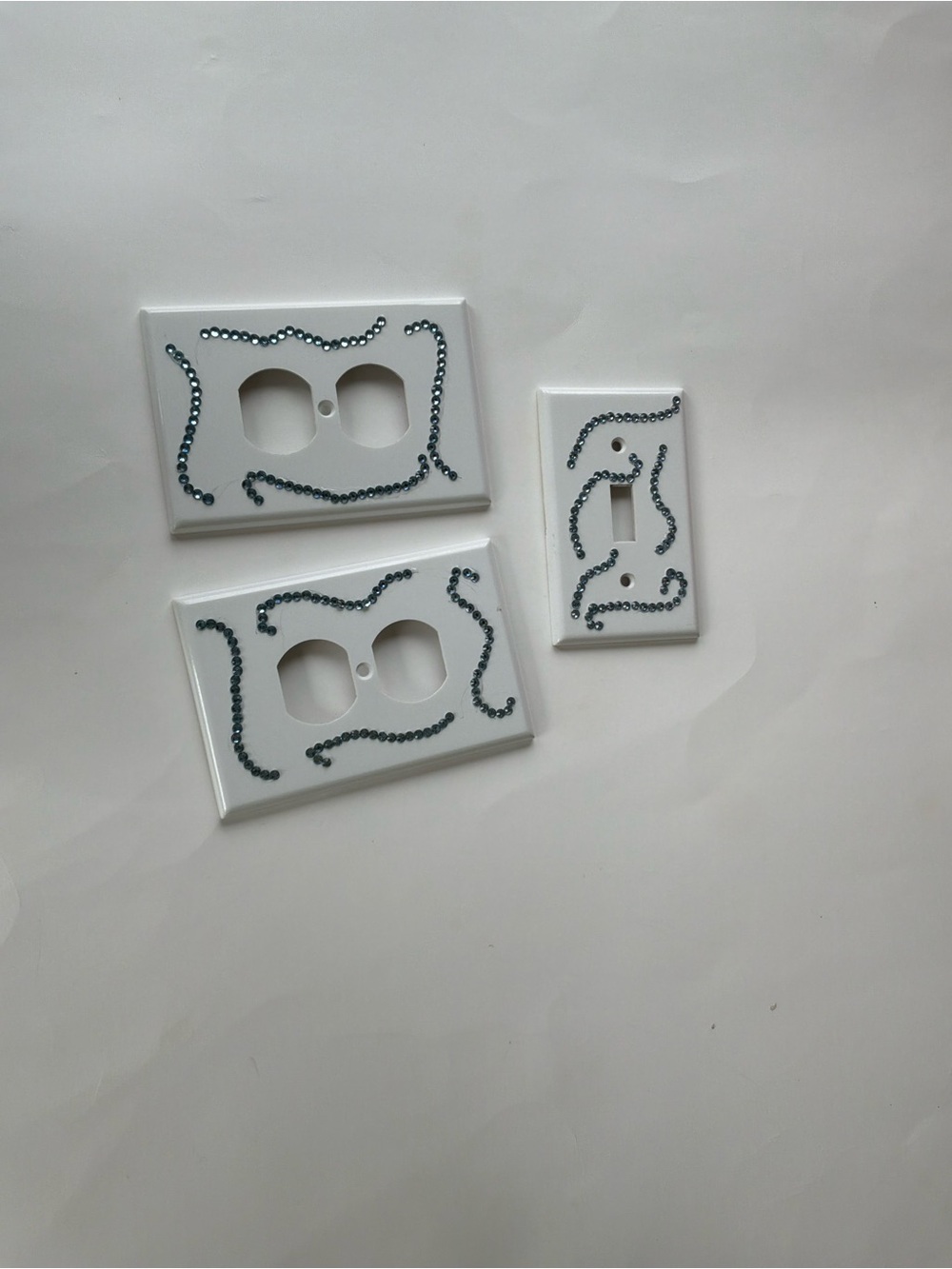 Hand Crafted White Wall Plate Covers with Black Rhinestone Accents